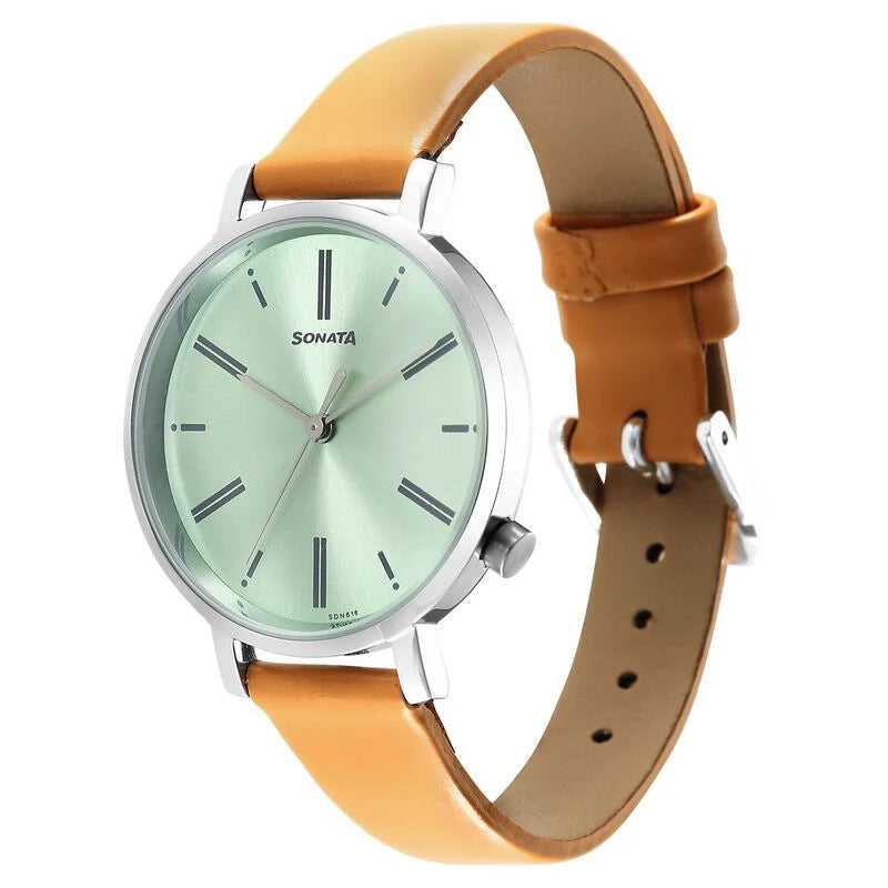 Sonata Essentials Green Dial Leather Strap Watch for Women -87045SL01