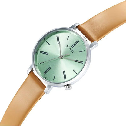 Sonata Essentials Green Dial Leather Strap Watch for Women -87045SL01