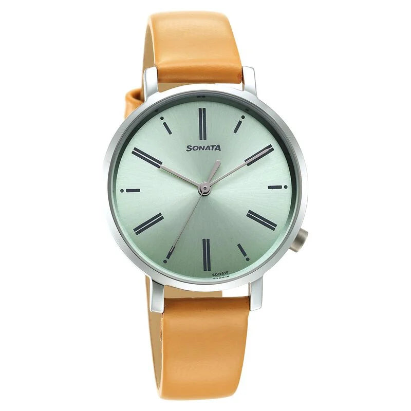 Sonata Essentials Green Dial Leather Strap Watch for Women -87045SL01