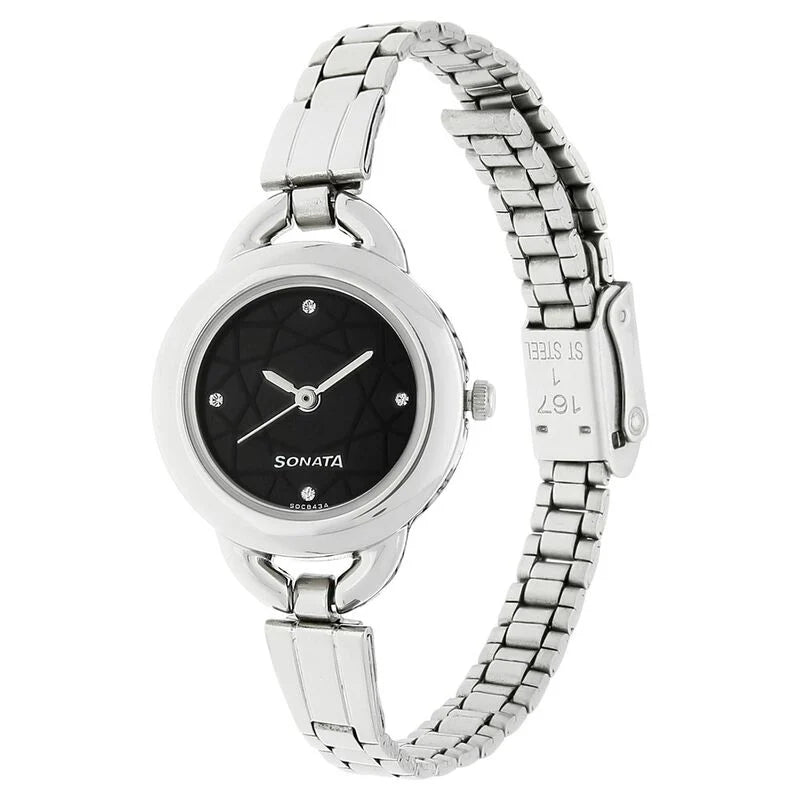 Sonata Quartz Analog Black Dial Stainless Steel Strap Watch for Women -NR87006SM02