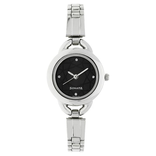 Sonata Quartz Analog Black Dial Stainless Steel Strap Watch for Women -NR87006SM02